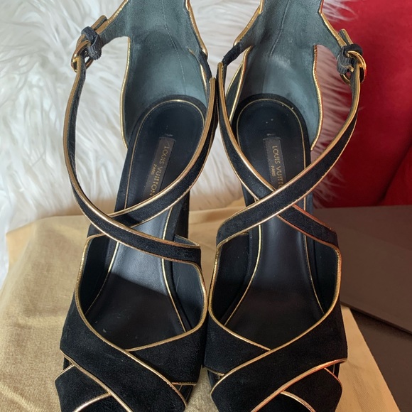 FINAL SALE Louis Vuitton black suede and gold heels - Picture 2 of 5
